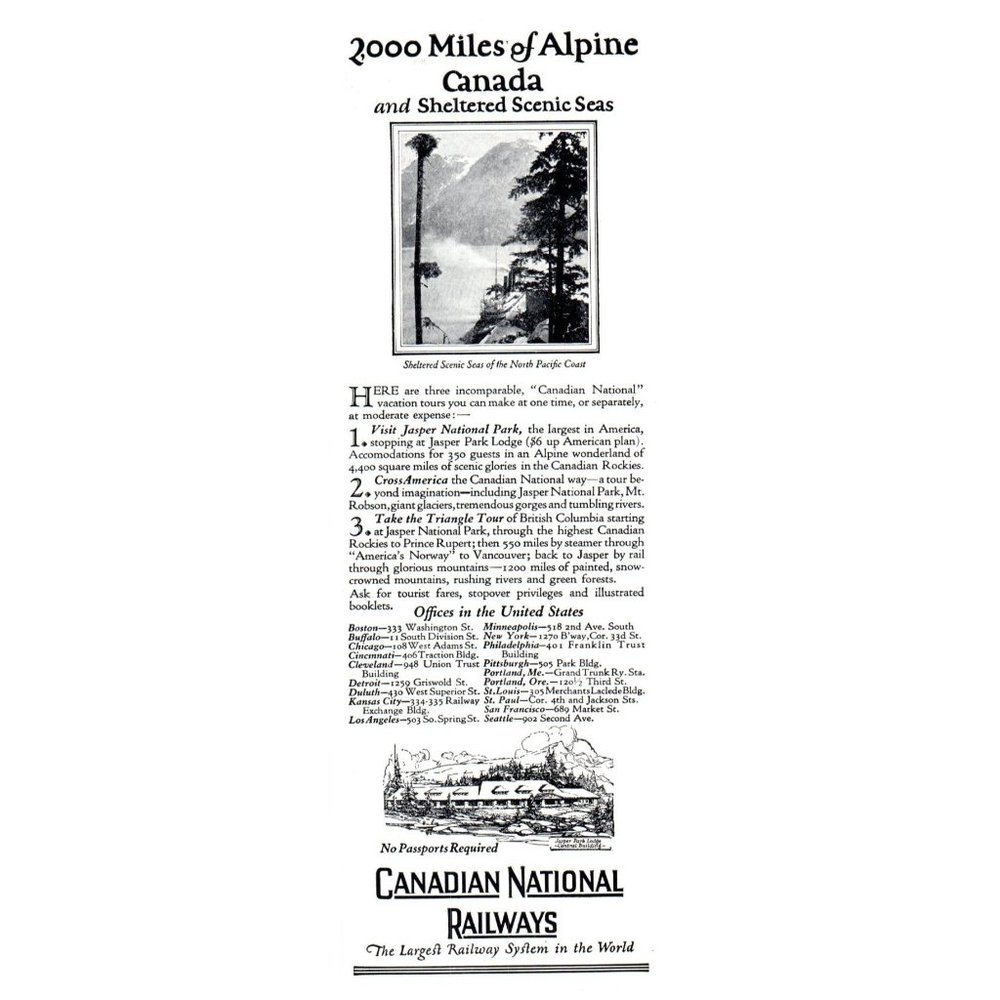 1924 Canadian National Railways CN Rail Vintage Print Ad Jasper Park Lodge Art